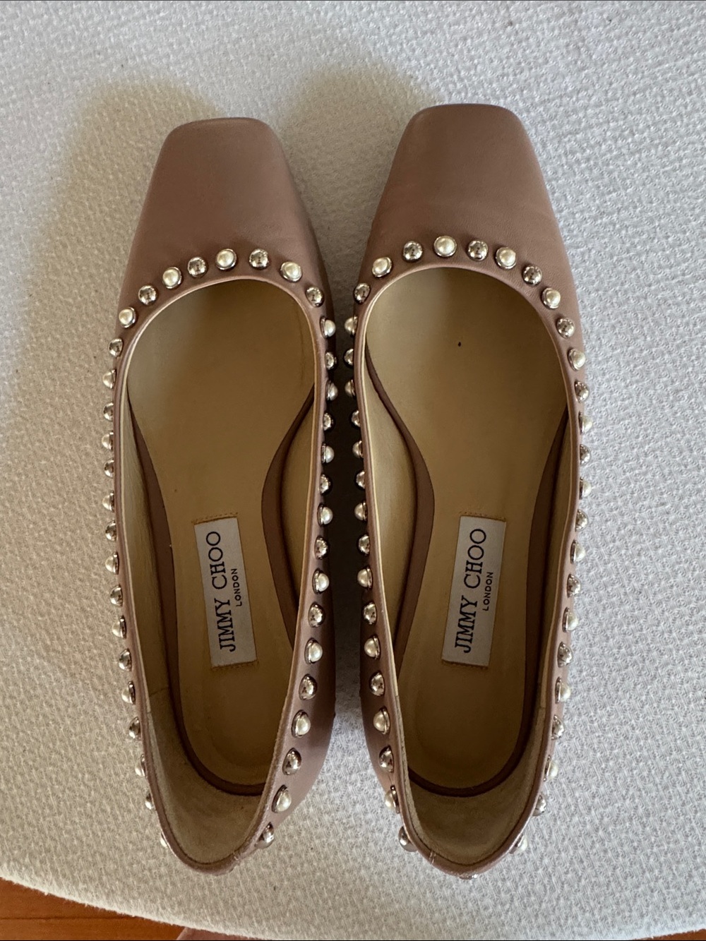 Jimmy Choo Blush Studded Leather Square-Toe Ballet Flats